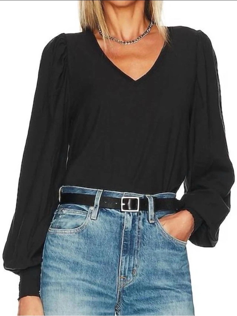 Nation LTD Black V-Neck Puff Sleeve Long Sleeve Top